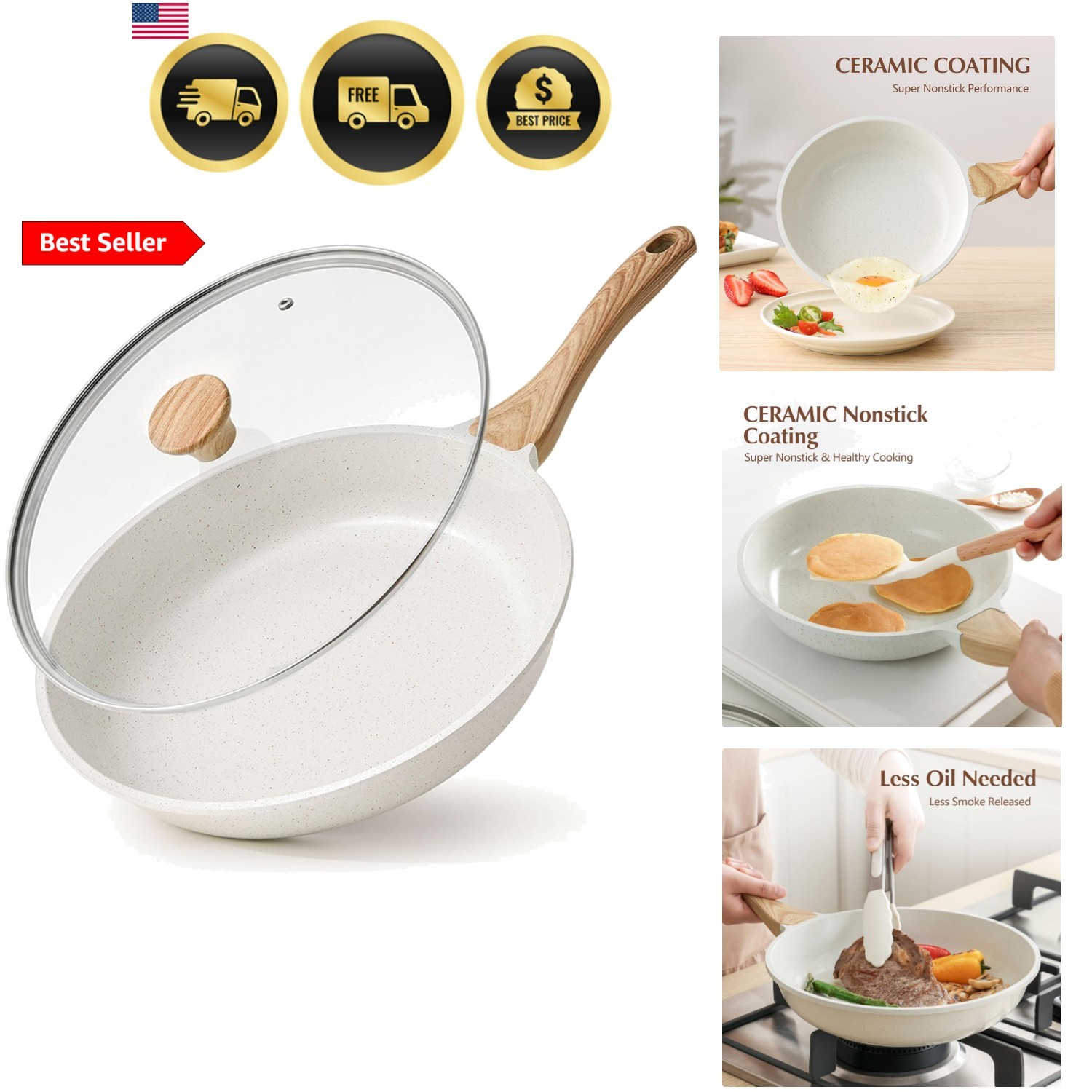 Nonstick Ceramic Frying Pan with Lid 8/9.5/10/11/12.5 Inch Omelet Pan Skillet…