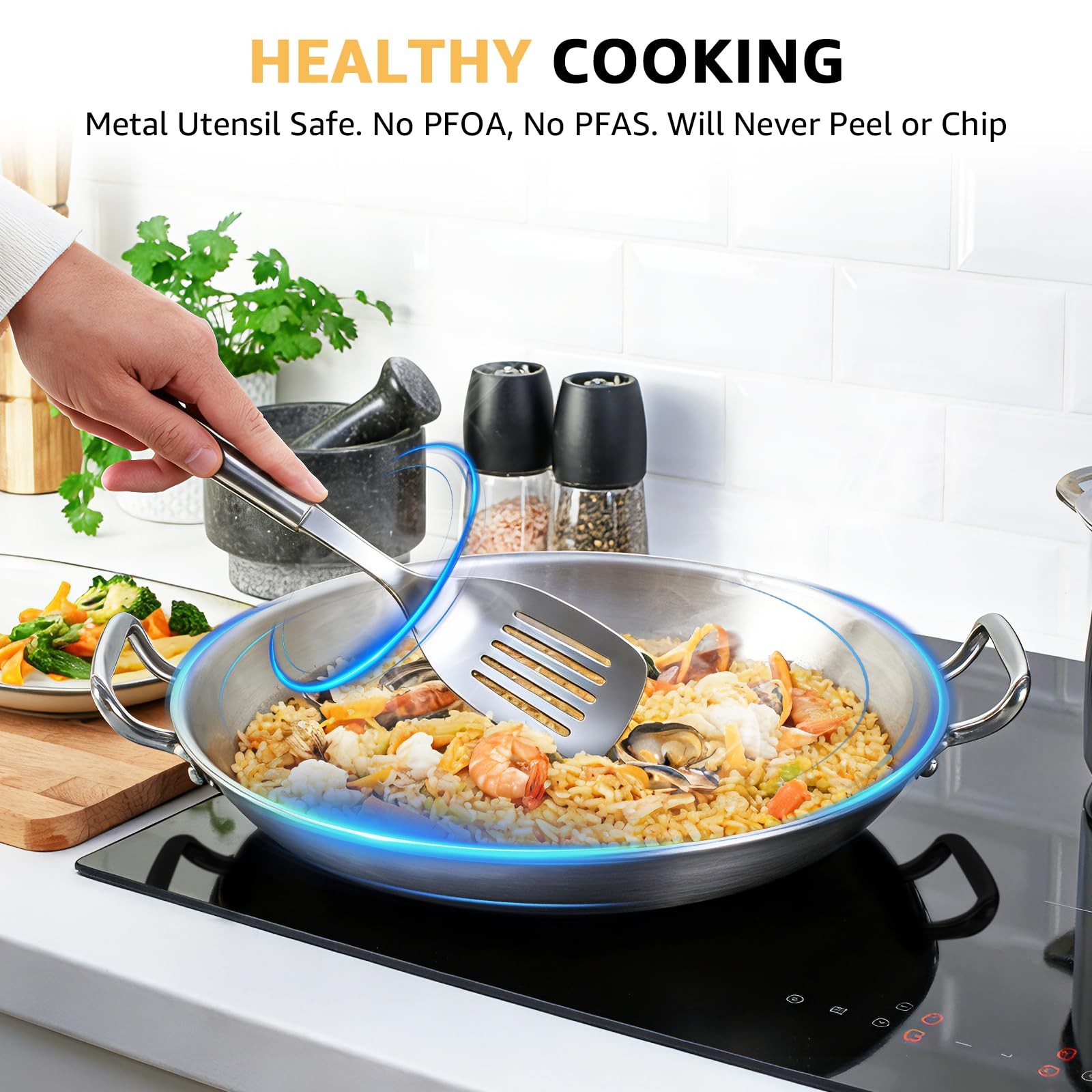 14 Inch Tri-ply Stainless Steel Paella Pan with Lid, Detachable Handle Skille…