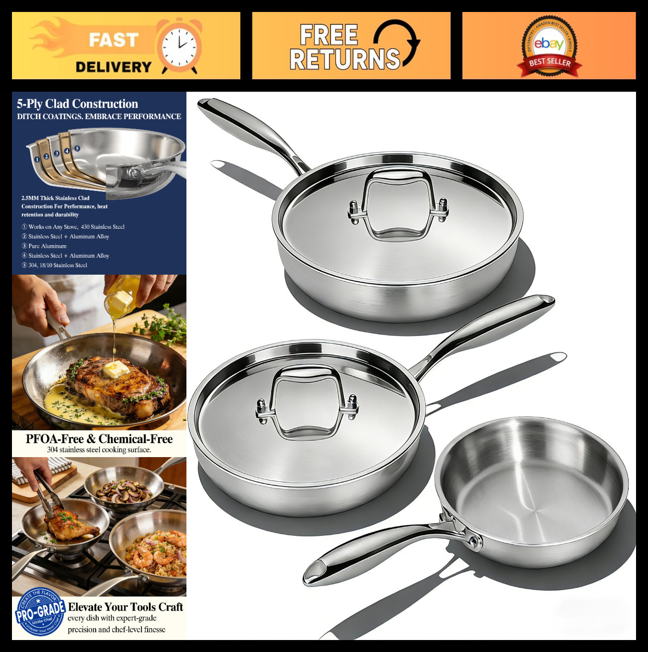3-Piece Stainless Steel Frying Pan Set with Lids – 5-Ply Heavy Duty Cookware, Ov