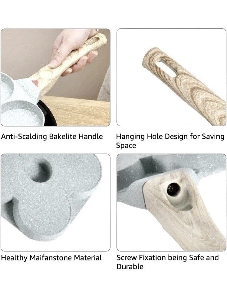 4 Hole Cup Egg Hamburger Pancake Maker Non-Stick Frying Pan with Wooden Handle!