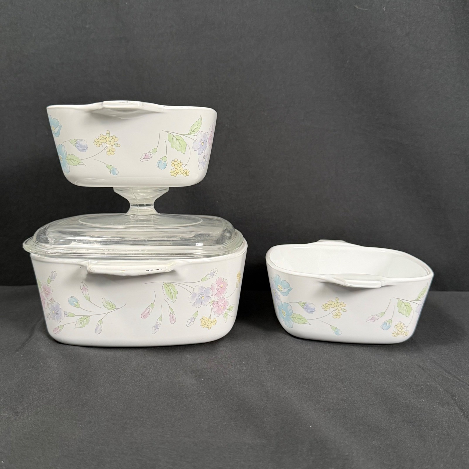 Corning Ware Pastel Bouquet Casserole Set 1.5L & Lid 2 Petite Pans VTG 1985-90