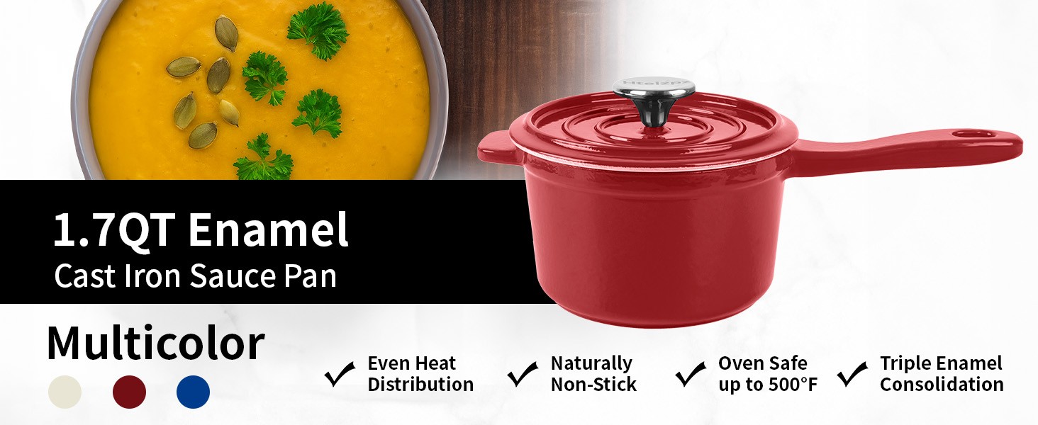 Enameled Cast Iron Sauce Pan with Lid, 1.7 Quart Saucepan with Lid, Small Dutch
