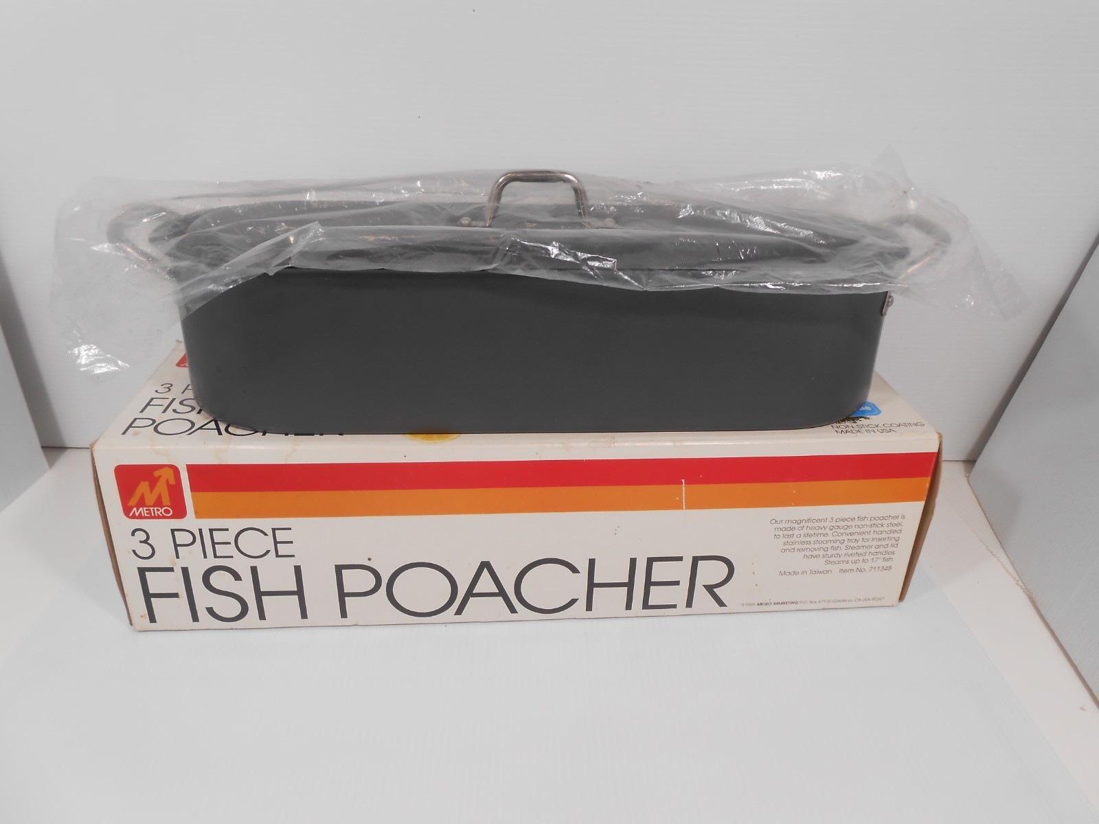Vtg 1988 NEW METRO Non-Stick Steel 3 Piece Fish Poacher w/ Lid & Rack #711348