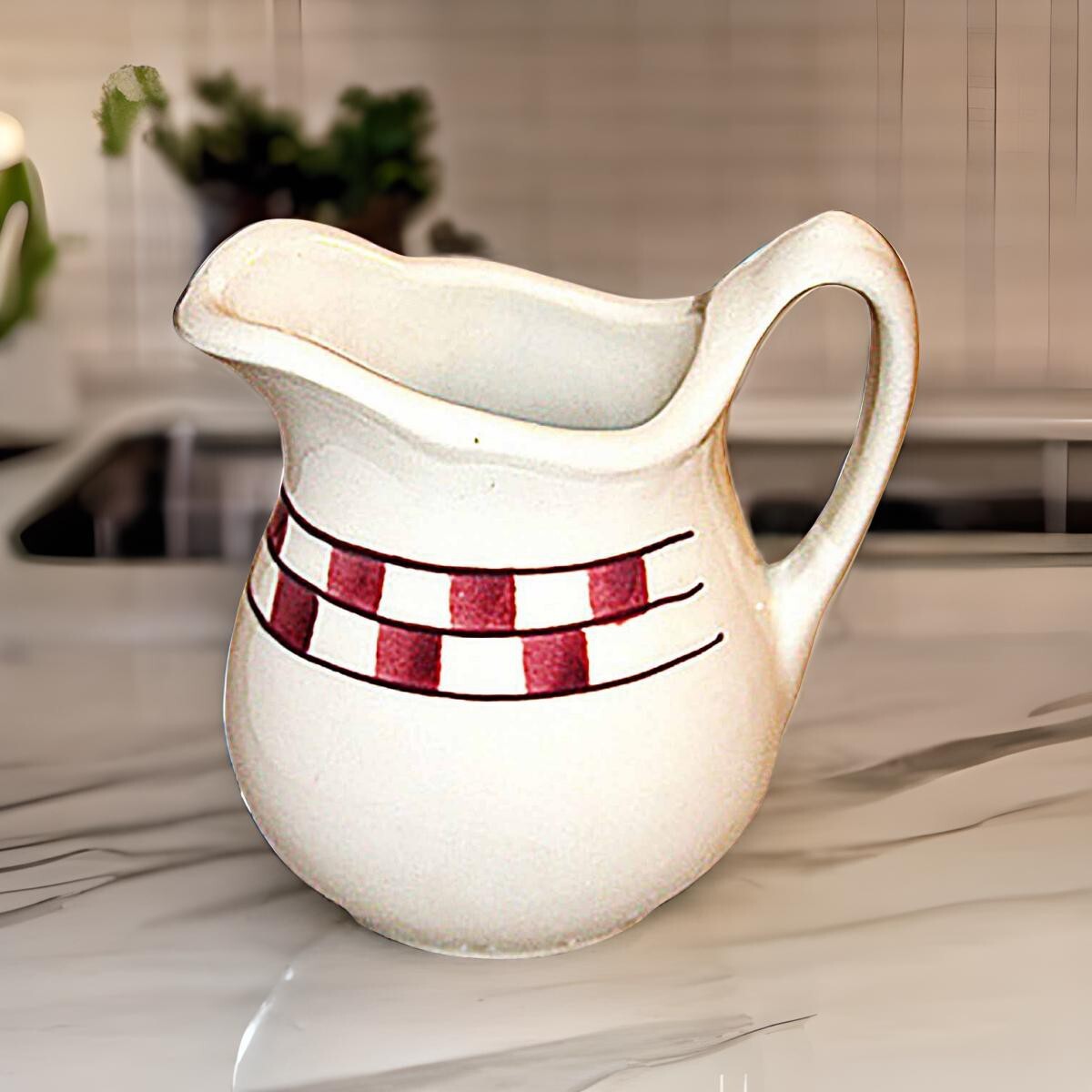 Creamer Red/White Checkmate Stoneware Creamer Handpainted | Renovator’s Supply