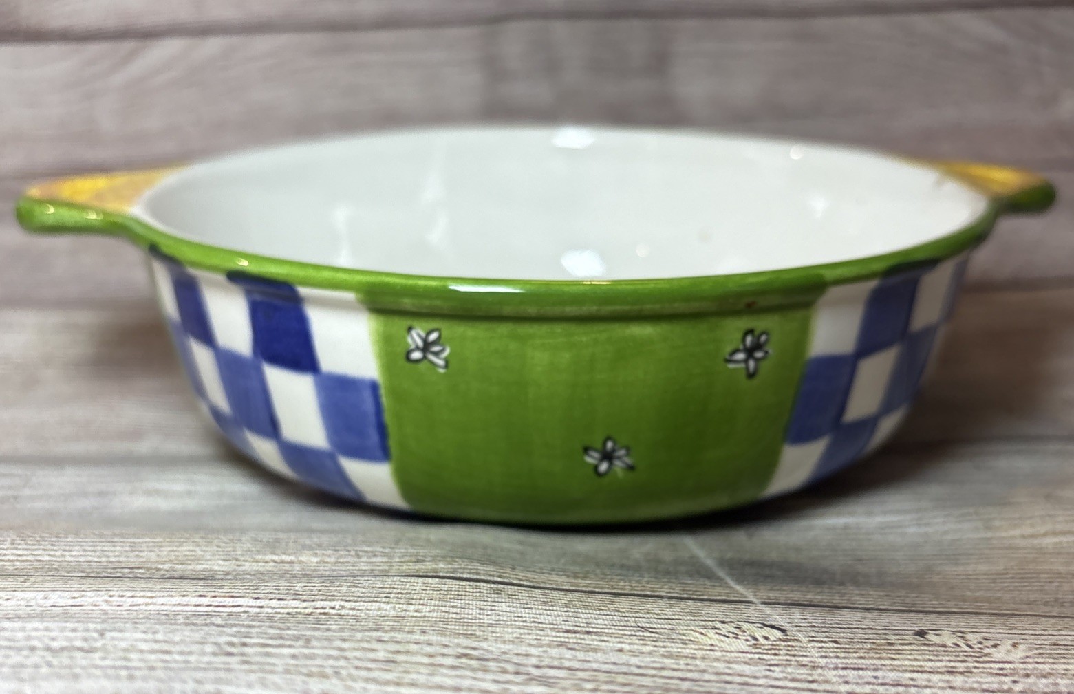 Laurie Gates 2001 Ceramic Casserole Blue Green White Whimsical 10×7.5”