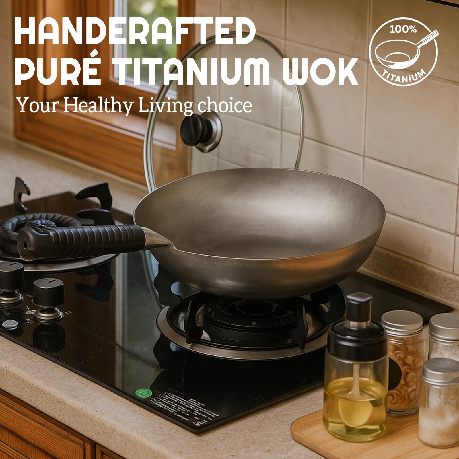 Pure Titanium Wok with Lid, Ultra Lightweight 2.5 Lbs Titanium Wok Single-pie…