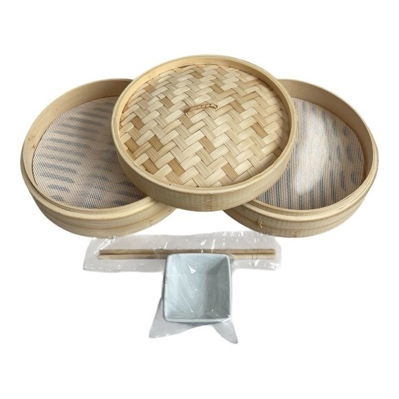 KitchenCrust 10″ 2-Tier Bamboo Steamer Set with Chopsticks Sauce Dish NOB