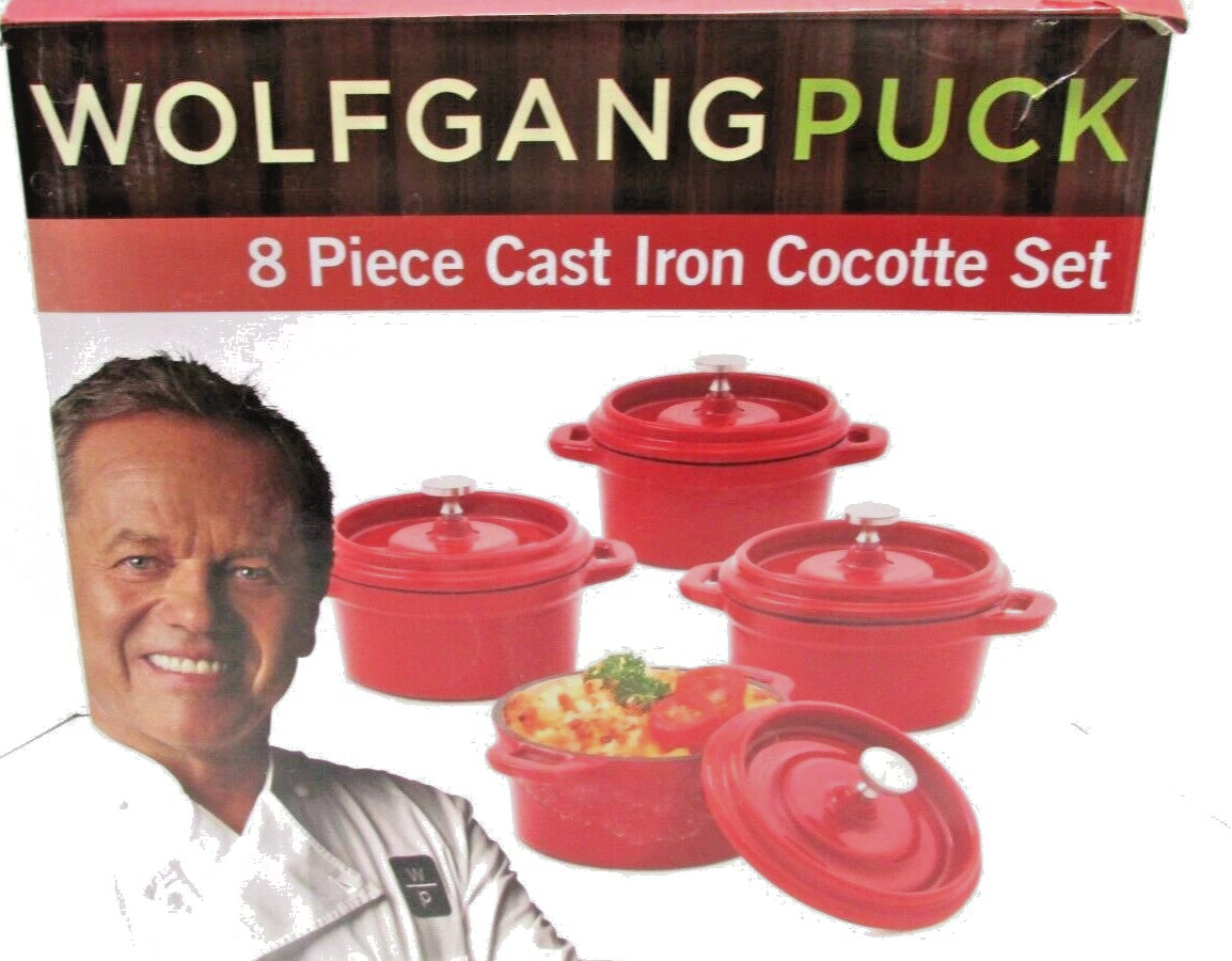 Wolfgang Puck Cookware 8 Piece Cast Iron Cocotte Red Mini Dutch Oven Set w/lids