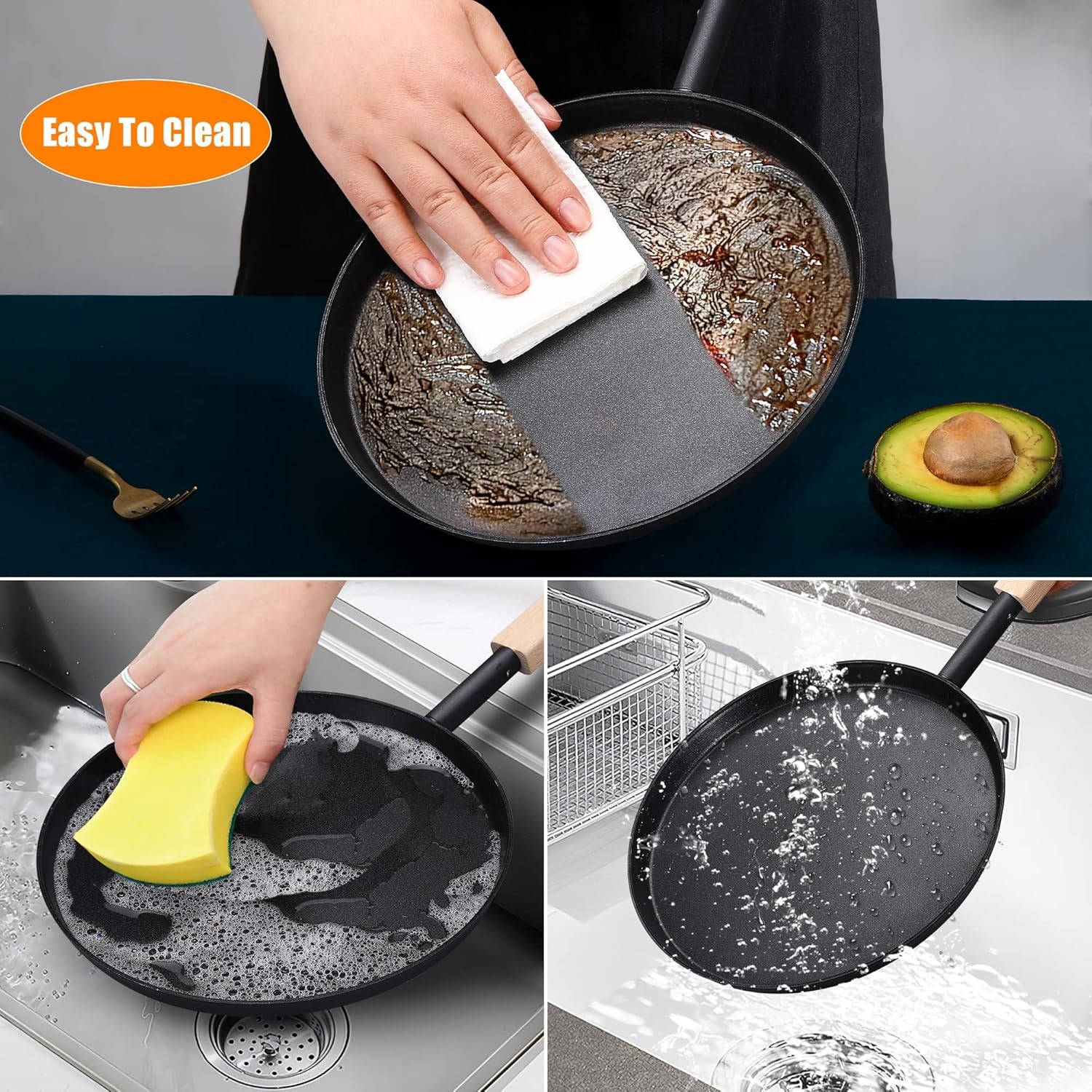 8″ Frying Pan Skillet Flat Griddle Lightweight with Wooden Handle Camping