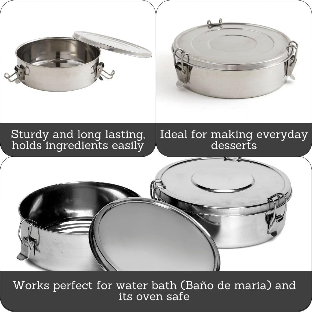 Molde Para Flan De Acero Inoxidable Redondo Con Tapa 8.3” Molde Metálico Plata.