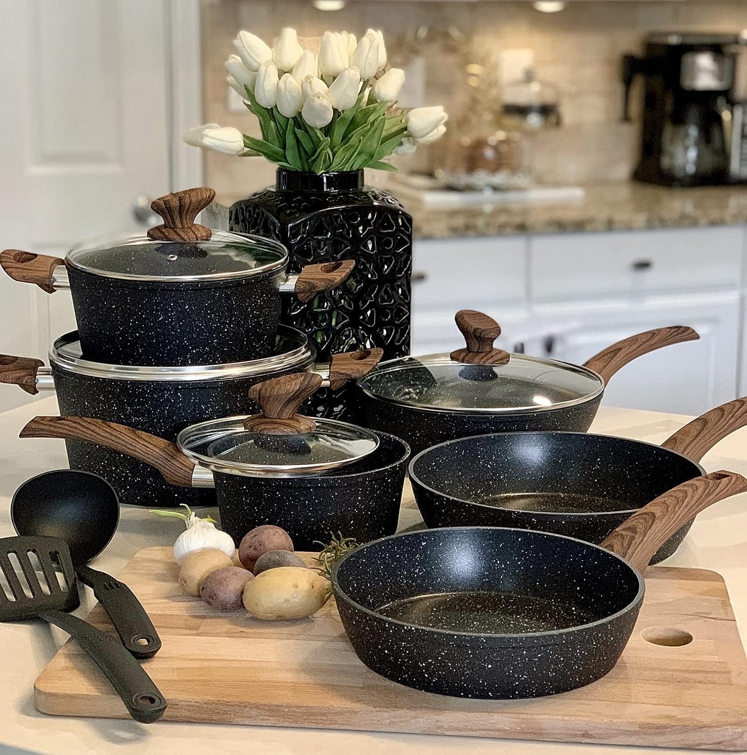12 Piece Cookware Set Nonstick Granite Coated Pots and Pans Set Bakeware Black