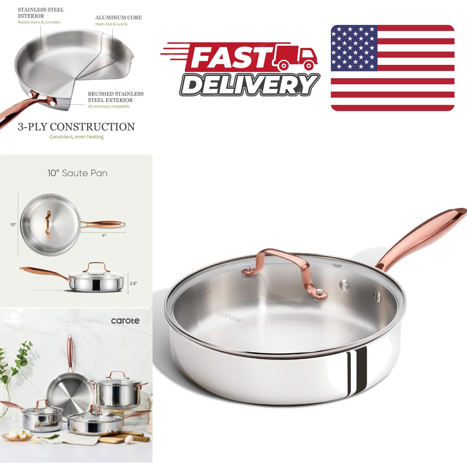 Tri Ply Stainless Steel Saute Pan 10 Inch with Lid Dishwasher Safe Silver Color