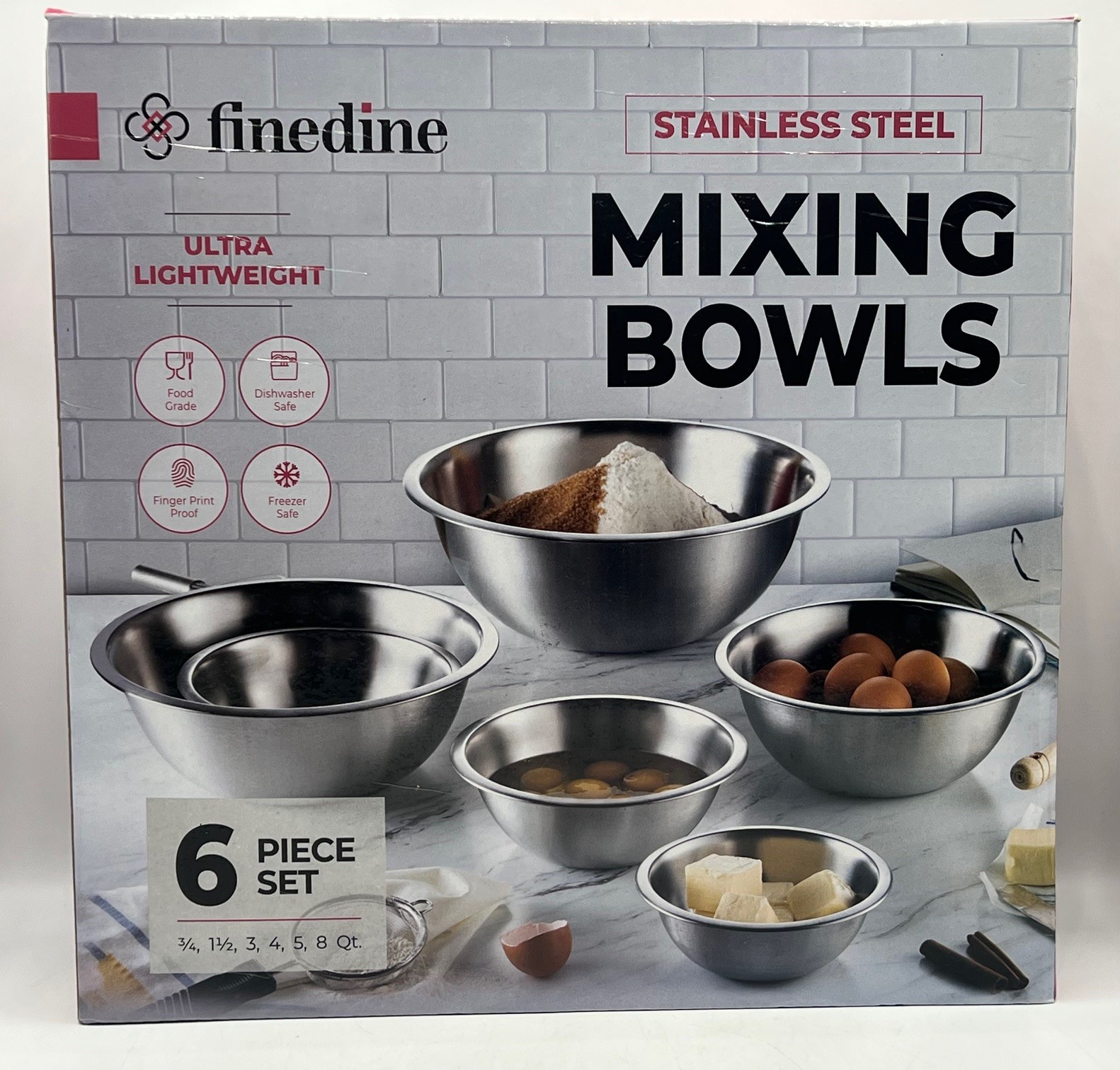 Finedine Stainless Steel Mixing Bowls 6 Piece Set, Ultra Lightweight, Brand New