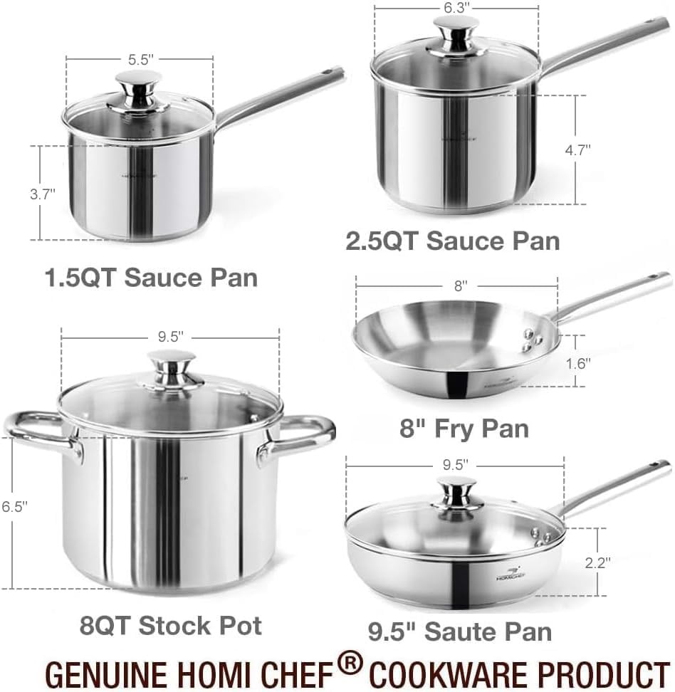 HOMICHEF 14-Piece Nickel Free Stainless Steel Cookware Set