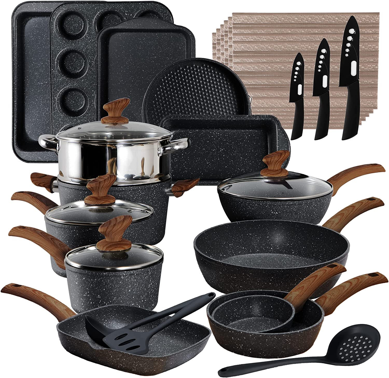 30 Pieces Cookware Set Nonstick Granite Coated Pots and Pans Set Bakeware Set