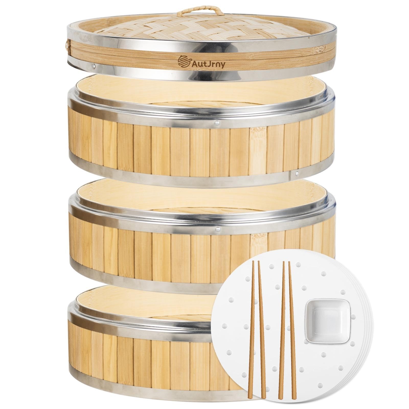 AutJrny 11.8-Inch Vertical Bamboo Steamer Basket, 3-Tier with Stainless Steel…