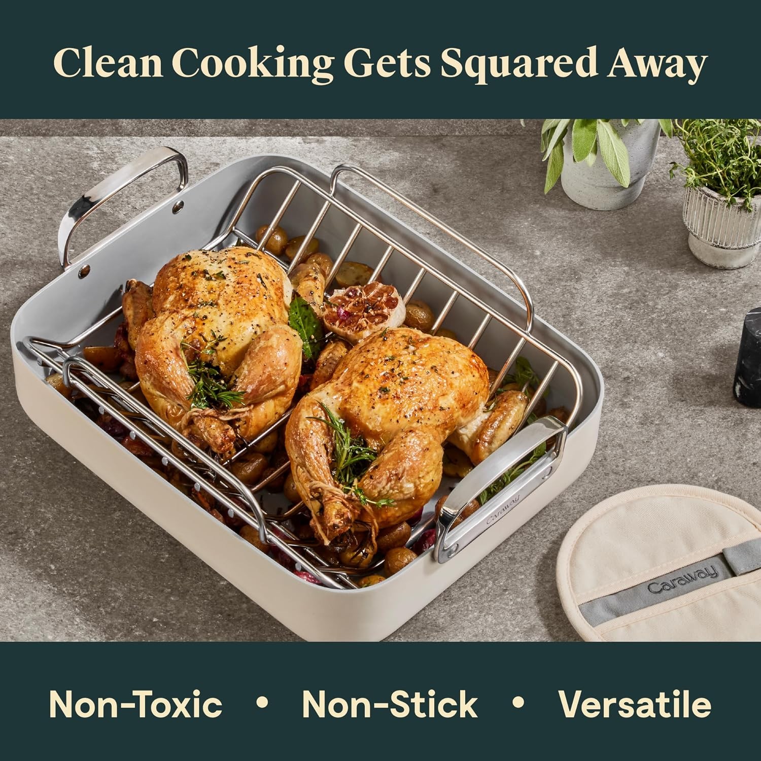 Roasting Pan 16×13” Roasting Pan W/ Rack Non-Stick Ceramic Coated Non Toxic PTFE