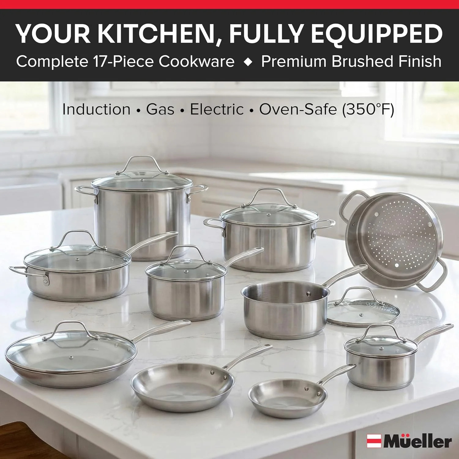 Mueller 17-Piece Stainless Steel Pots and Pans Set – Tri-Ply Ultra-Clad Pro Cook