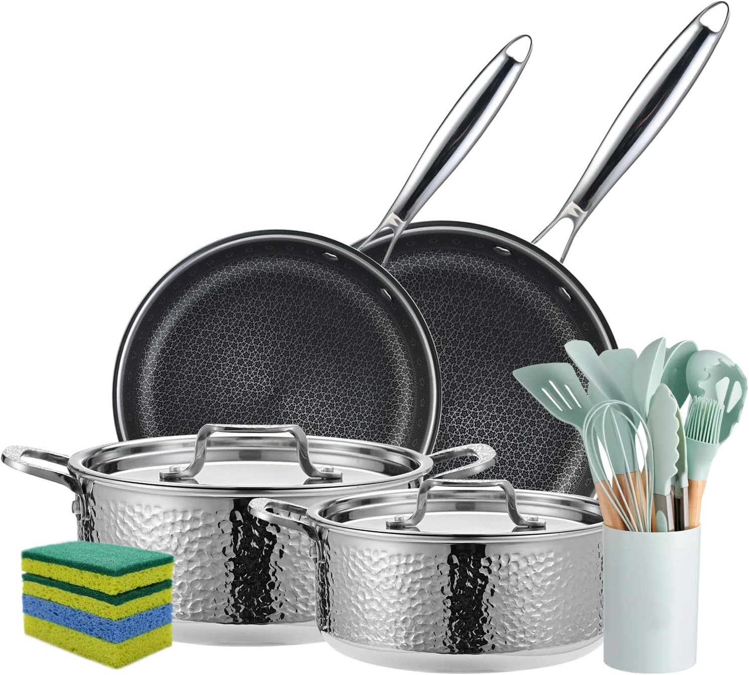 Vivicreate 20 Piece Tri-Ply Stainl Steel Cookware Set, Hmered Pots