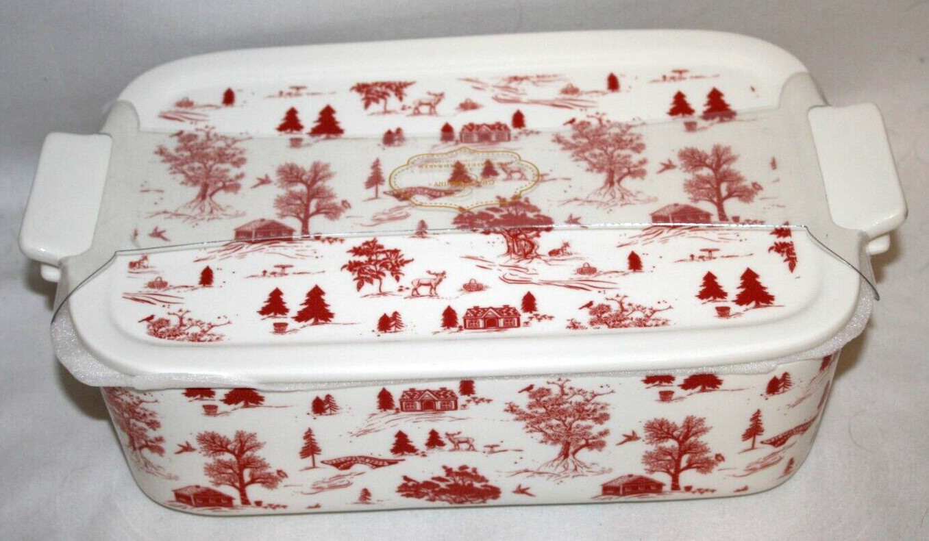 Grace Teaware Woodland Country Christmas White & Red Casserole Dish/ Lid New