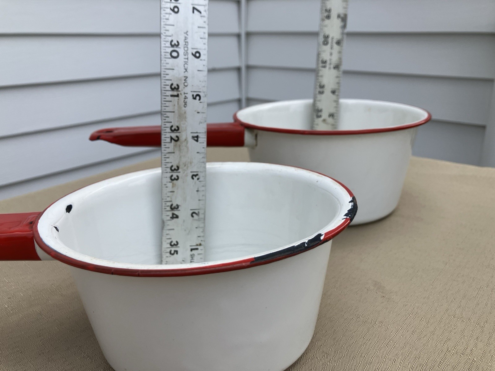 Vintage 1950s Classic White/Red Enamel 2-Piece Saucepan Set Long Handle
