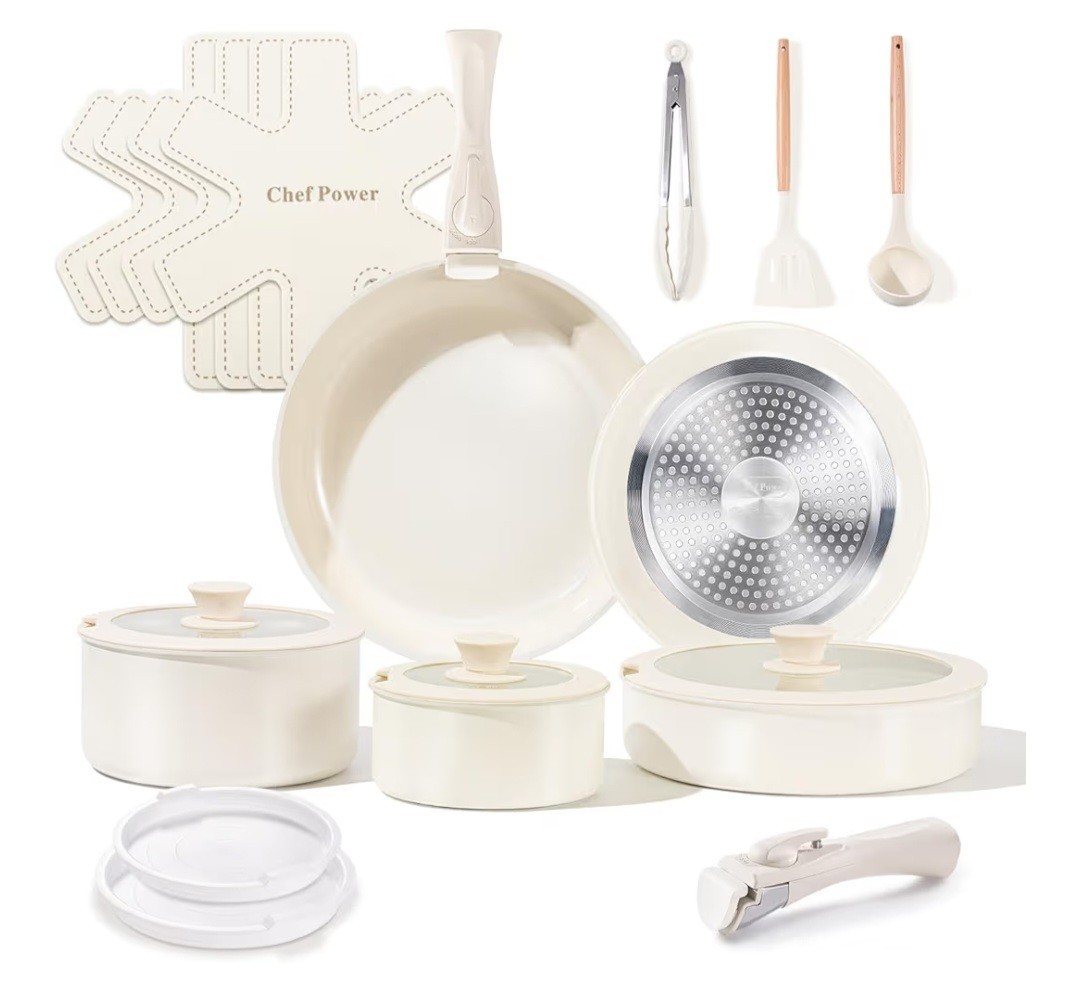 Chef Power Ceramic Nonstick Pots and Pans Set 19 Piece with Detachable Handle