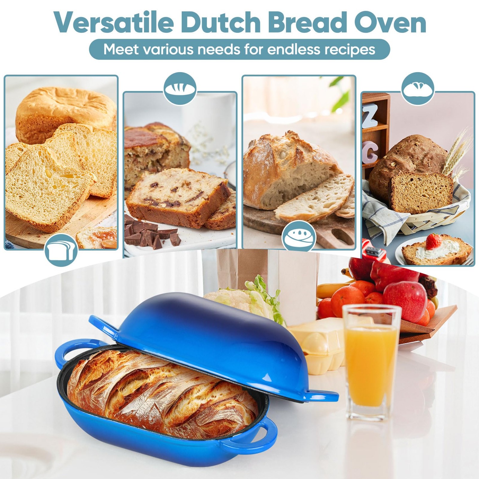 TeamFar Enameled Cast Iron Bread Loaf Pan, 2 QT Oval Dutch Oven with Lid for Sou