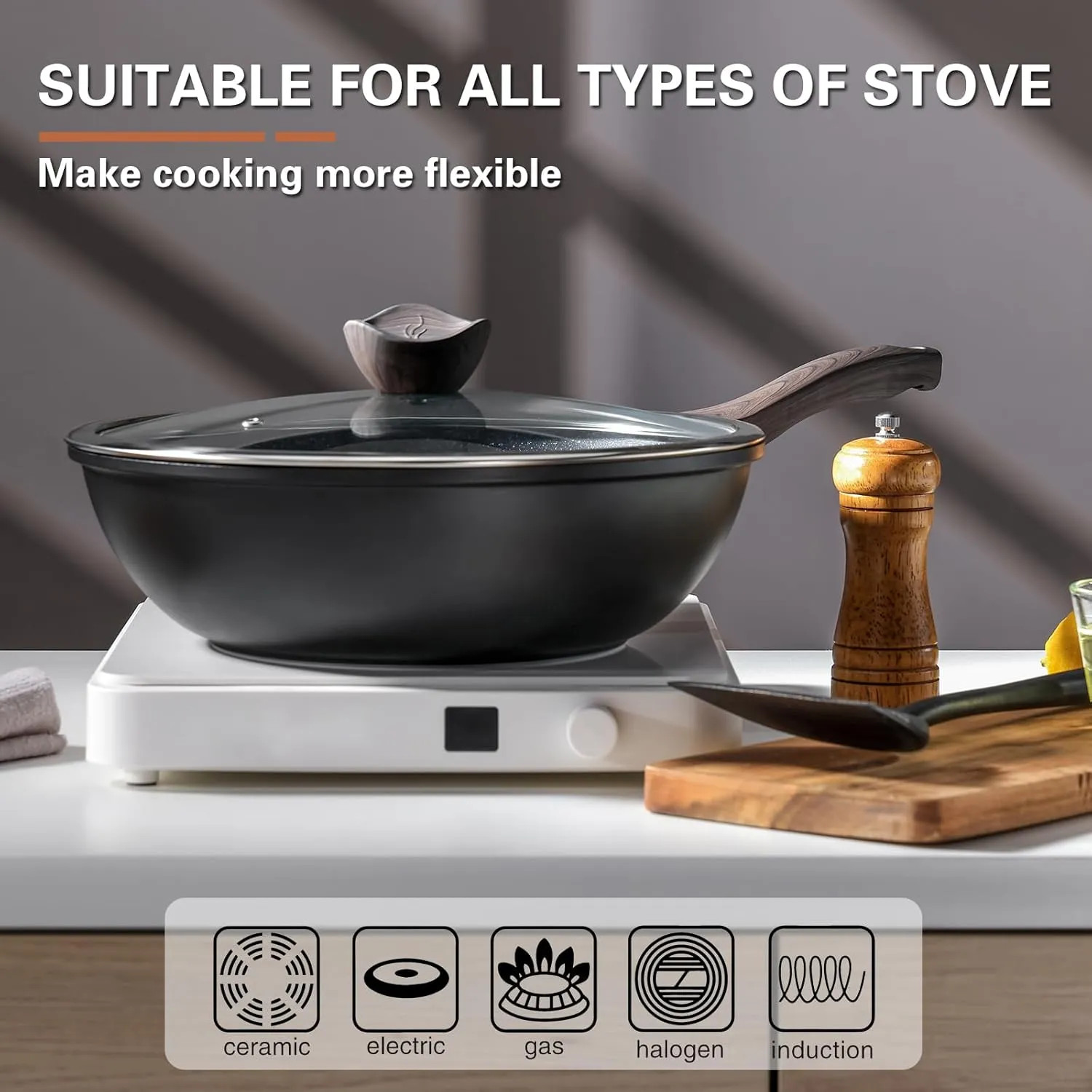 12 Inch Nonstick Wok With Lid Granite Stone Coating Induction Kitchen Cookware