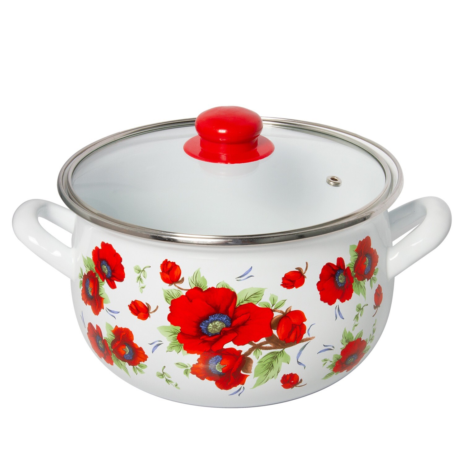 POPPY FLOWERS Enamelware Stockpot with Glass Lid, Enameled Cooking Pot 4 qt