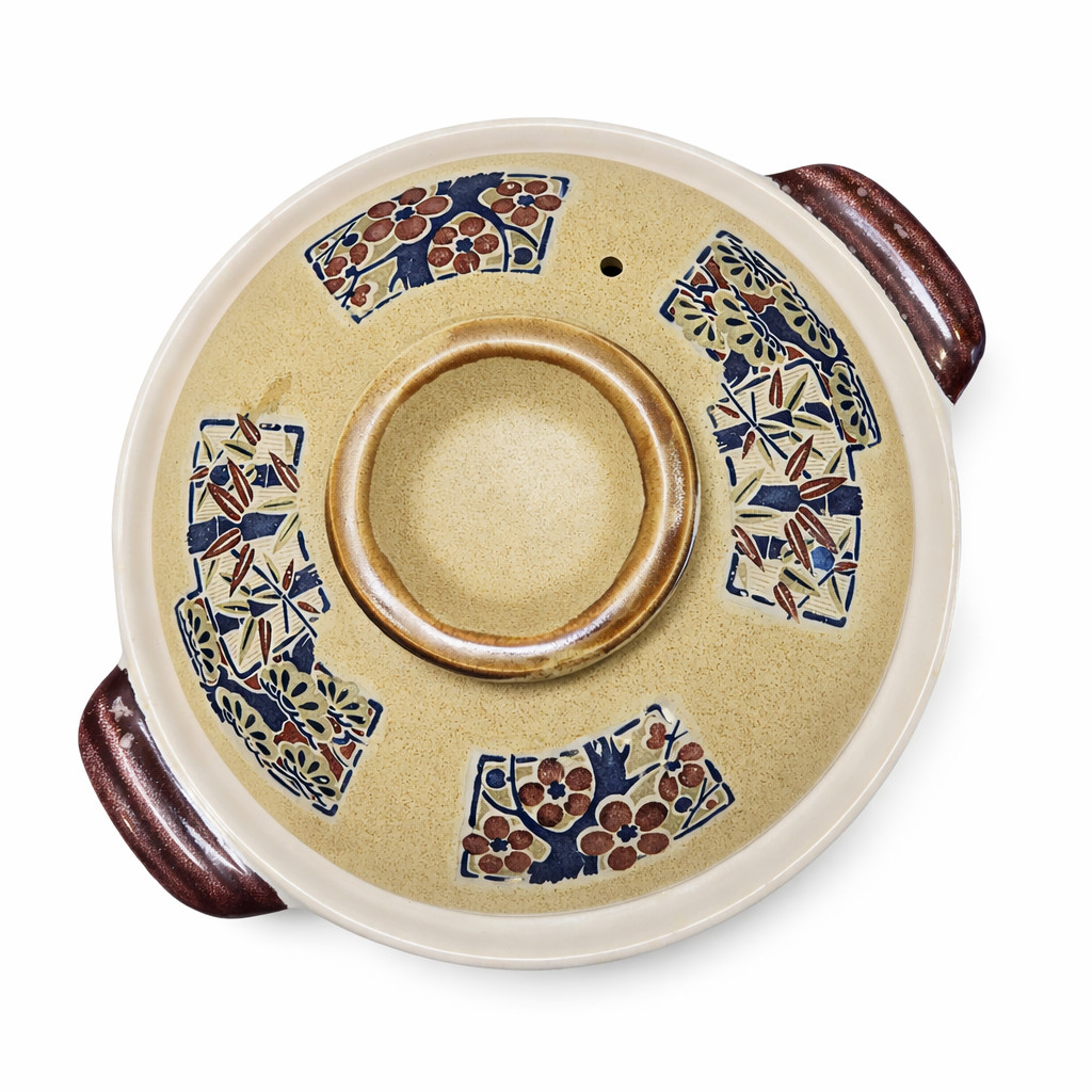 Large Japanese Donabe Clay Hot Pot w Lid Hand Painted Cherry Blossom & Bamboo