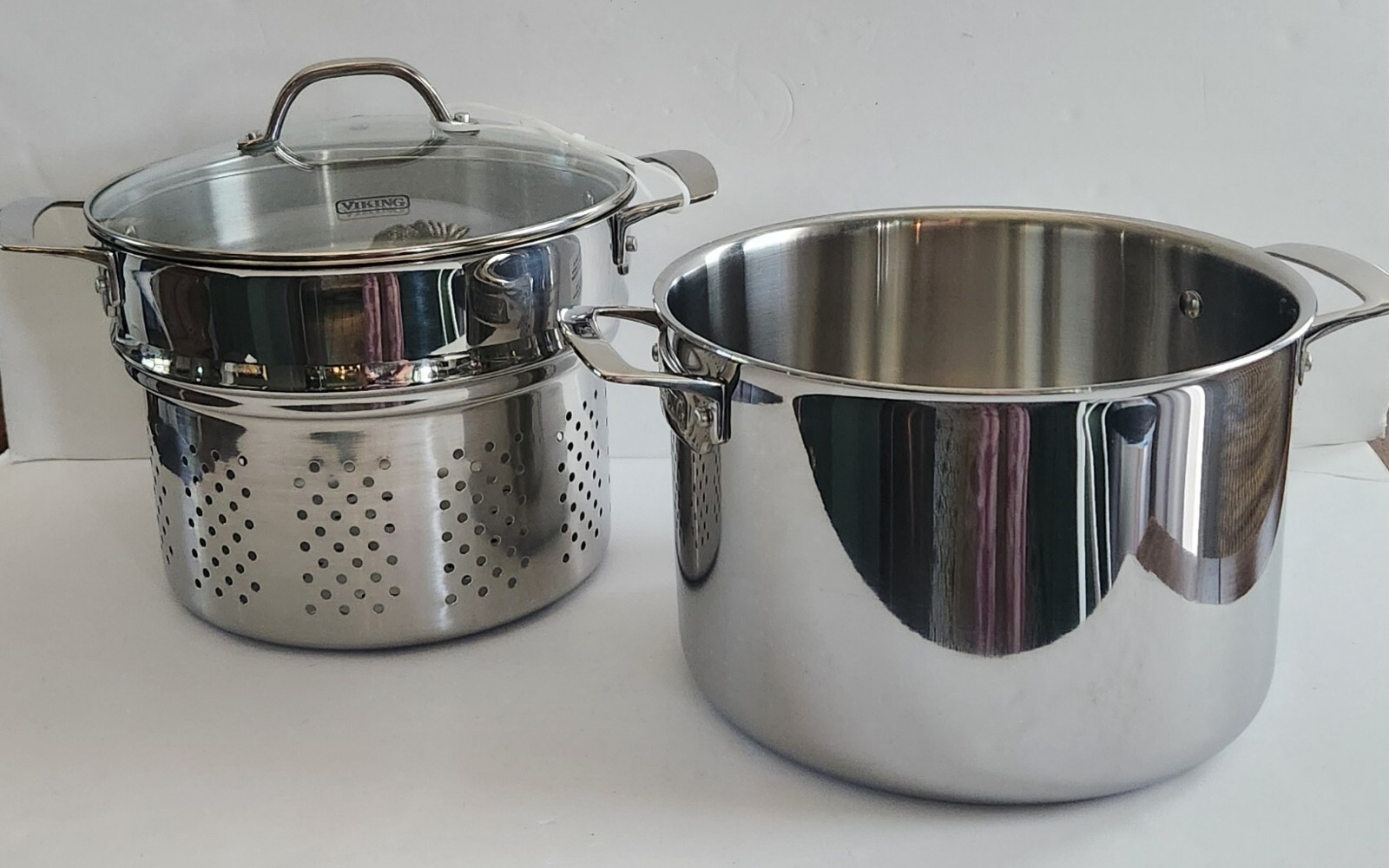 Viking 3-Ply Stainless Steel Stock Pasta Pot, Glass Lid 8 Qt/7.5L 9” D -NEW-