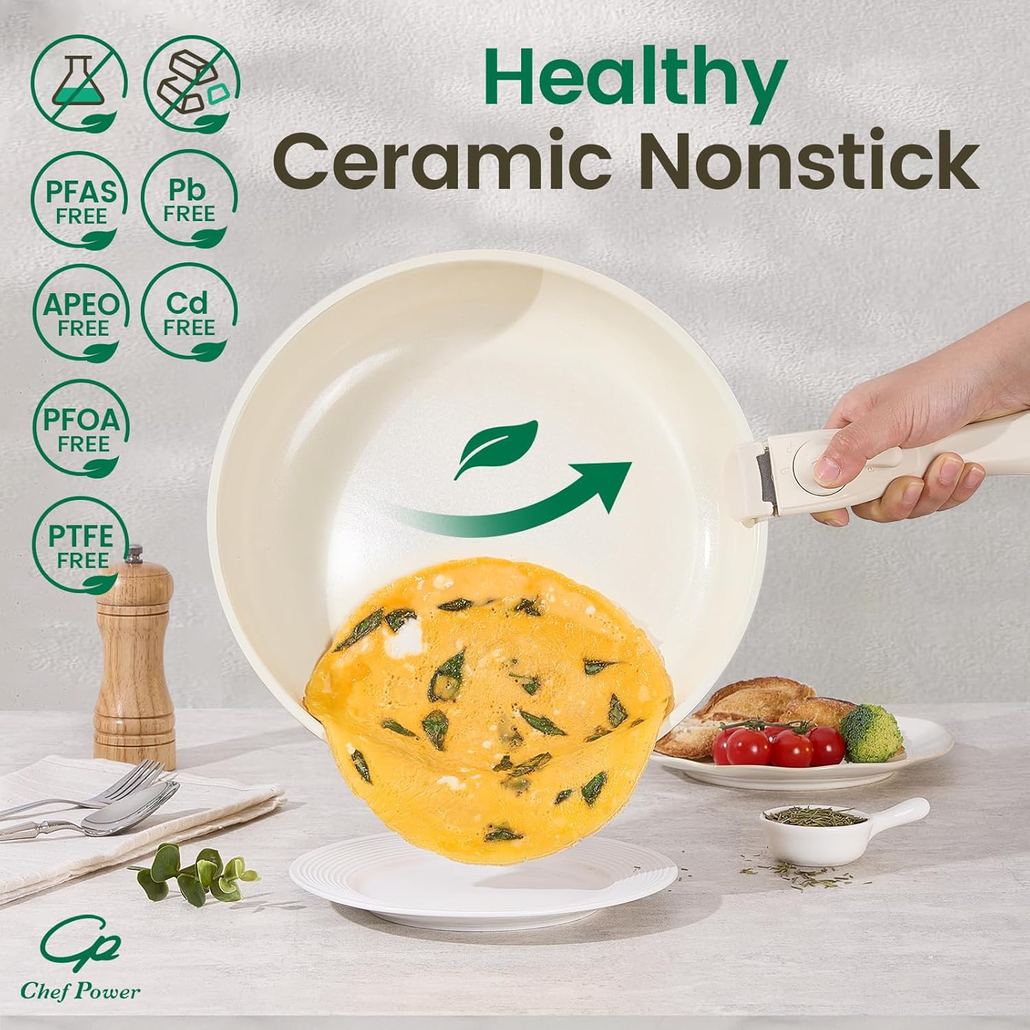 Ceramic Nonstick Pots and Pans Set 19 Piece with Detachable Handle, Induction Di