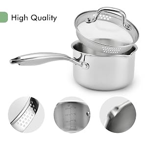 2.0 Quart Stainless Steel Pot Saucepan with Glass Strainer Lid, Sauce Pot with