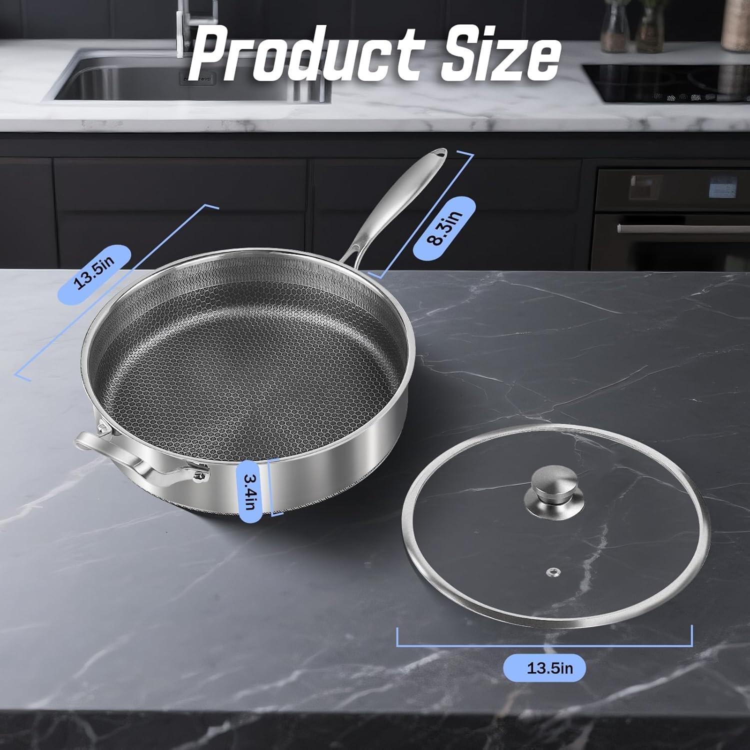Frying Pans Nonstick wih Lid, Non Stick Tri-Ply Stainless Steel Saute Pan