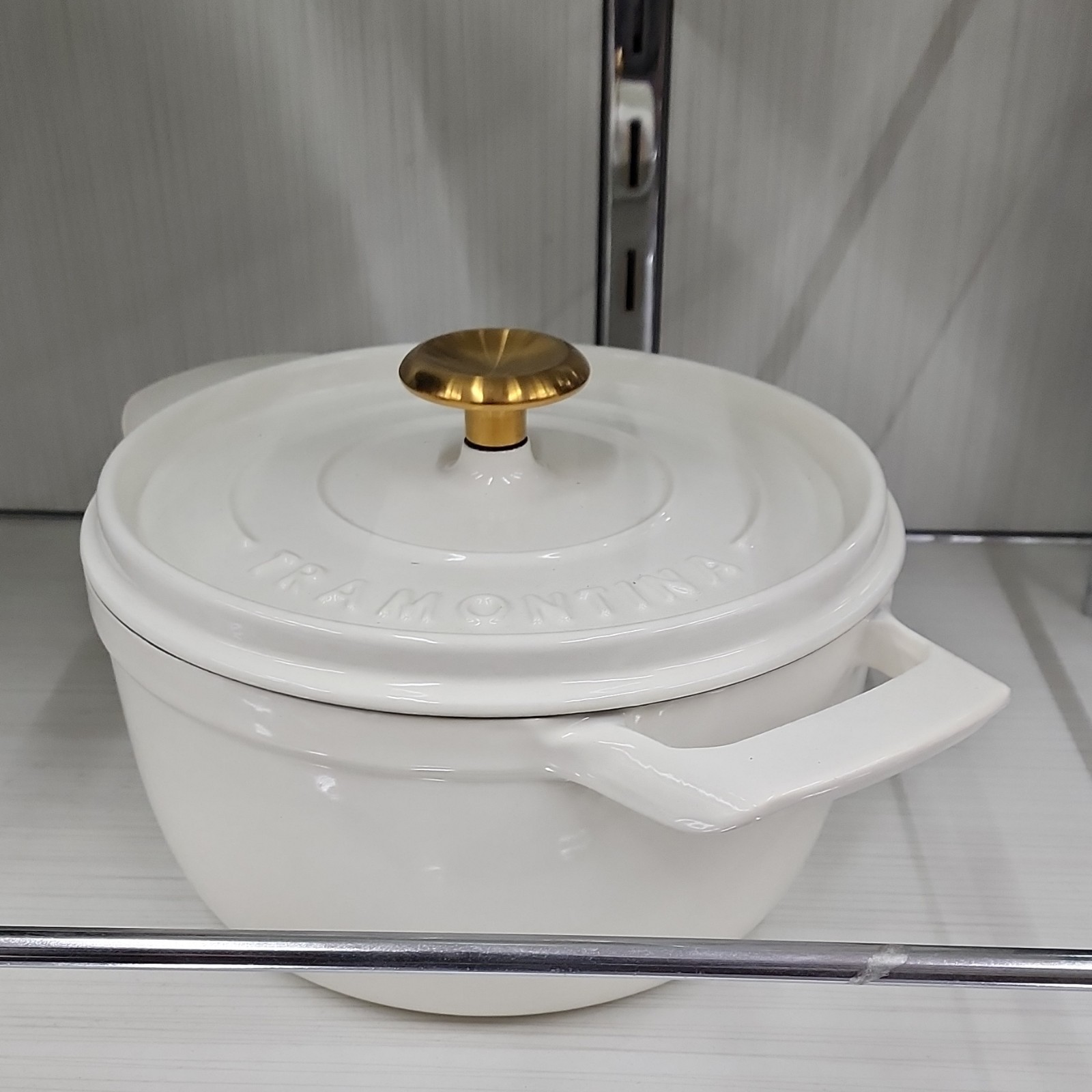 Tramontina White Enamel Cast Iron Casserole with Lid, Brass Knob, Double Handle