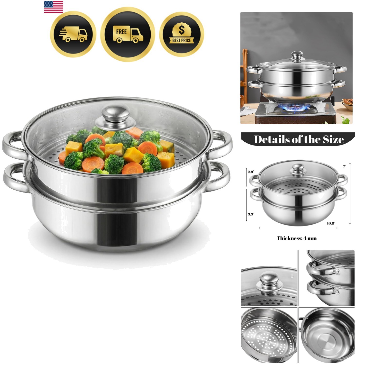 Steamer Pot With Lid 2 Tier, Multipurpose Stainless Steel Steaming Pot, Steam…