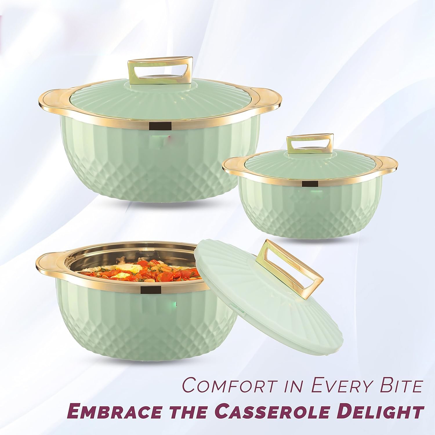 Inner Steel Casserole Set of 3 750 ml,1000 ml & 1500 ml BPA Free Hot Pot