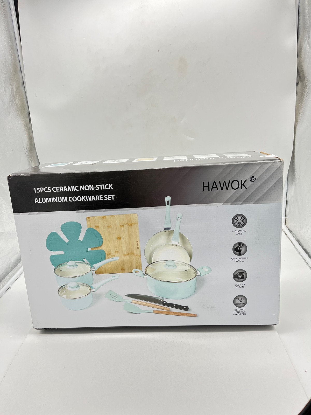 HAWOK 15 Piece Ceramic Non-stick Aluminum Cookware w/ Glass Lids PFAS-Free -NEW