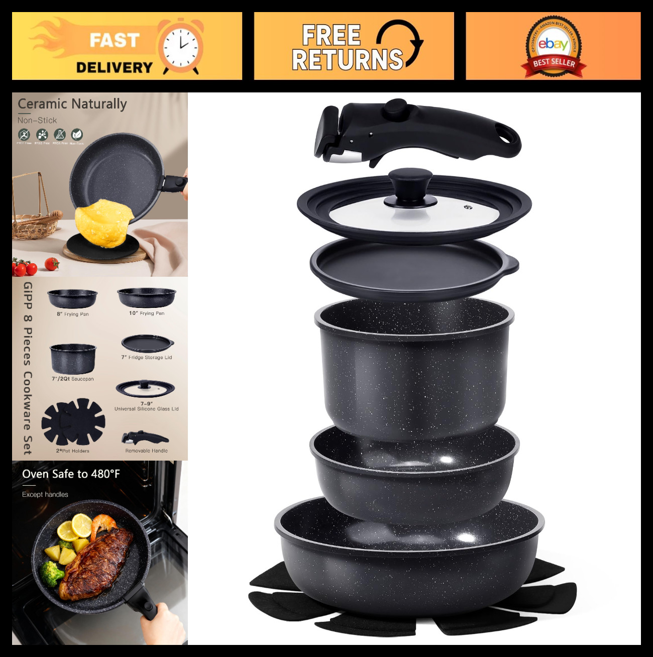 Non-Stick Ceramic Cookware Set, 8-Piece Pots & Pans, PFAS Free, Oven & Dishwashe