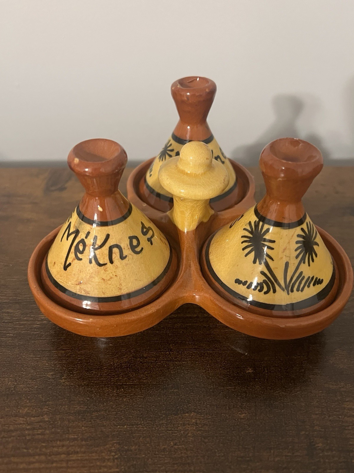 Vintage Pottery Three Spice Holder, Moroccan Tagine Salt Pepper Cumin Curry