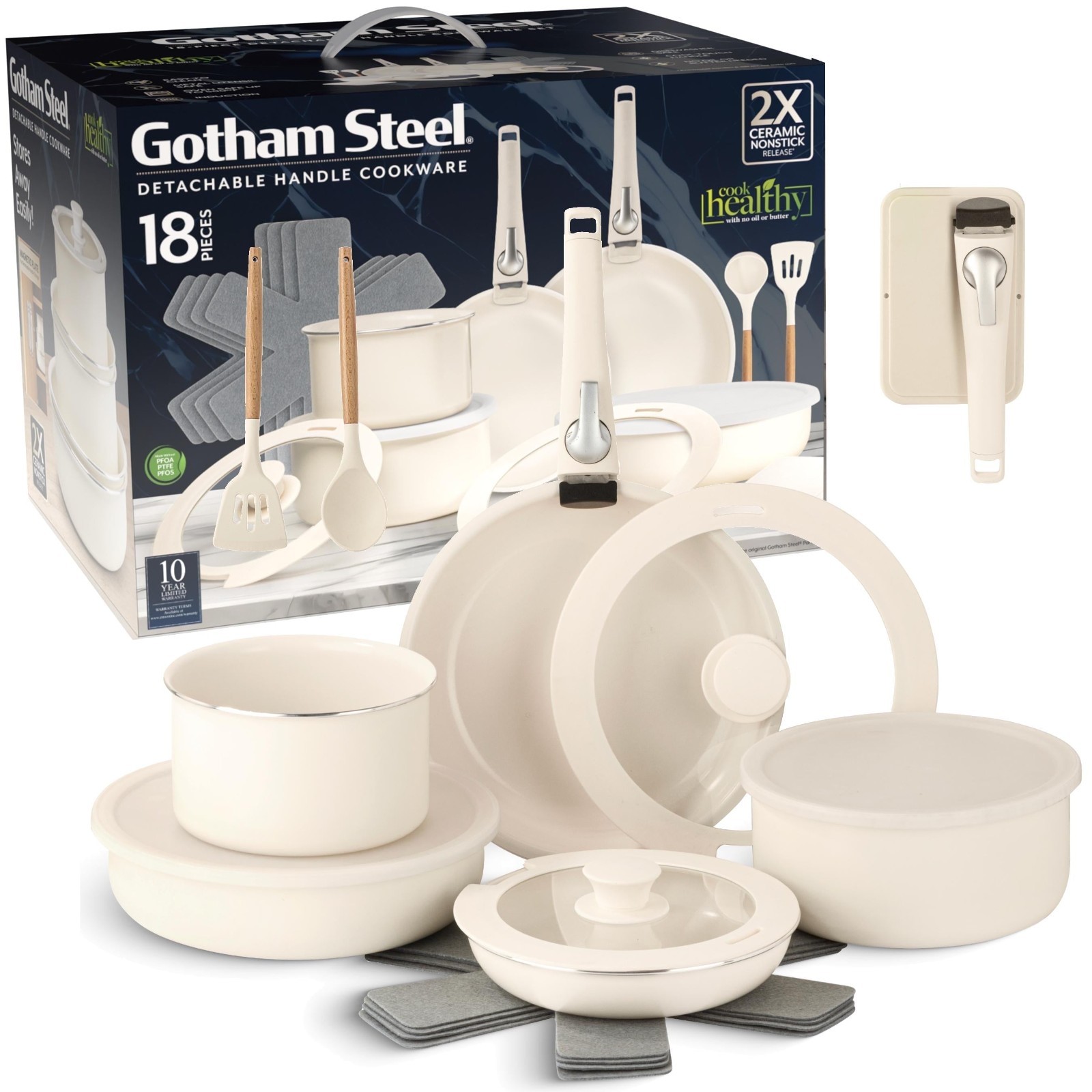 Gotham Steel 18Pc Cookware Set w/Detachable Handles Nonstick Pots Pans & Lids