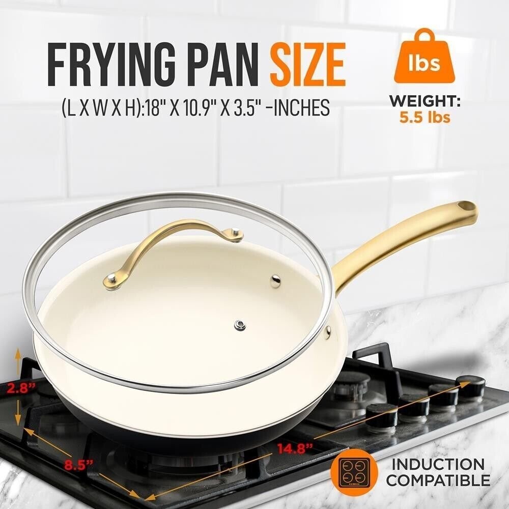 NutriChef 10.9”x18” Fry Pan w/ Lid, Durable & Long-Lasting Non-Stick Coating
