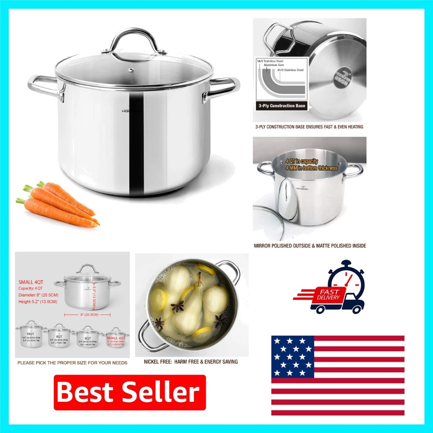 4QT Stock Pot in Nickel-Free Stainless Steel – Pure Elegance for Your Kitchen