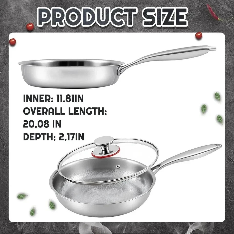 Pure Titanium Hammered Frying Pan with Lid, 12 Inch Skillet, No Coating Cookw…