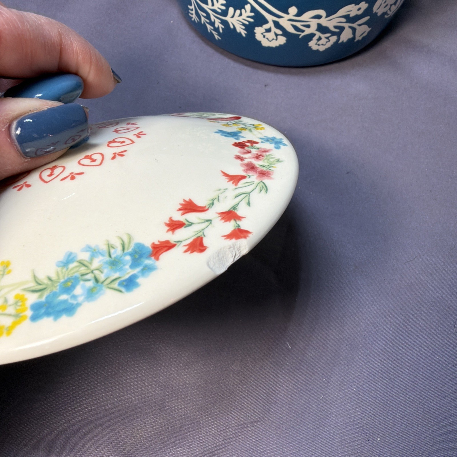 Pioneer Woman Blue & White Fancy Flourish Mini Cocotte w/Lid 16 oz 4.5” See Pics