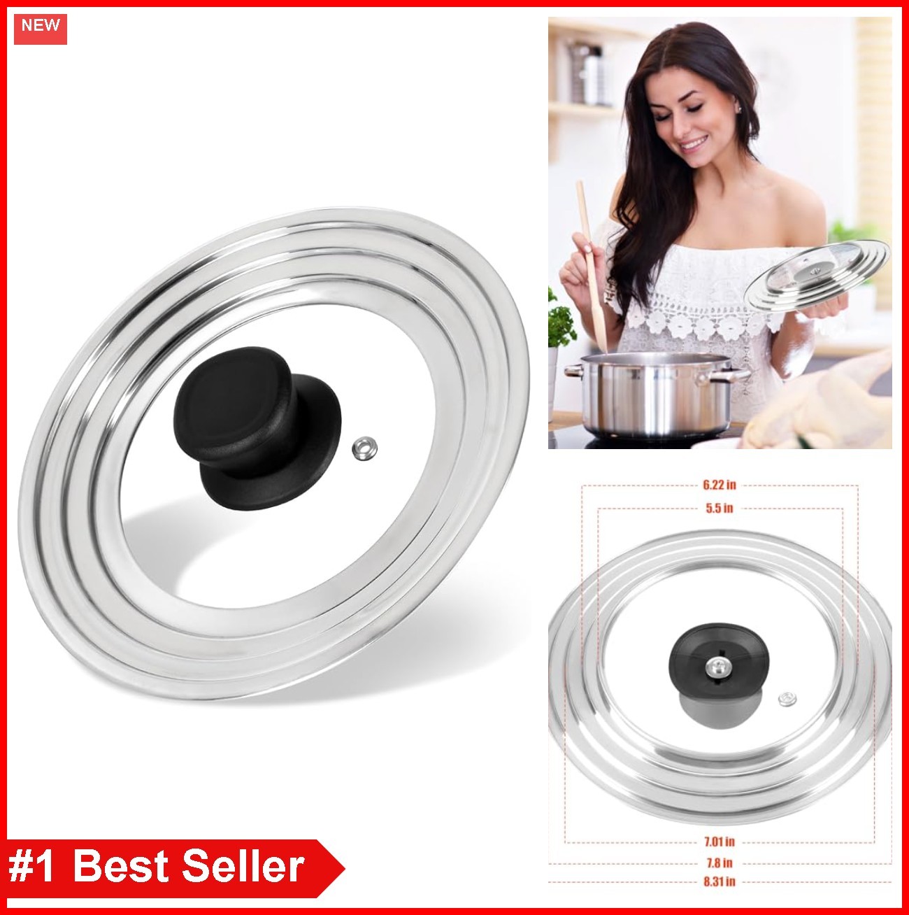 Universal Pan Lid Stainless Steel Fits 8.2 to 12.5 Inch Cookware with Glass