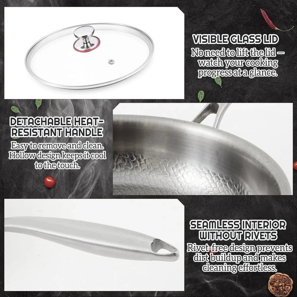 Pure Titanium Hammered Frying Pan with Lid, 12 Inch Skillet, No Coating Cookw…