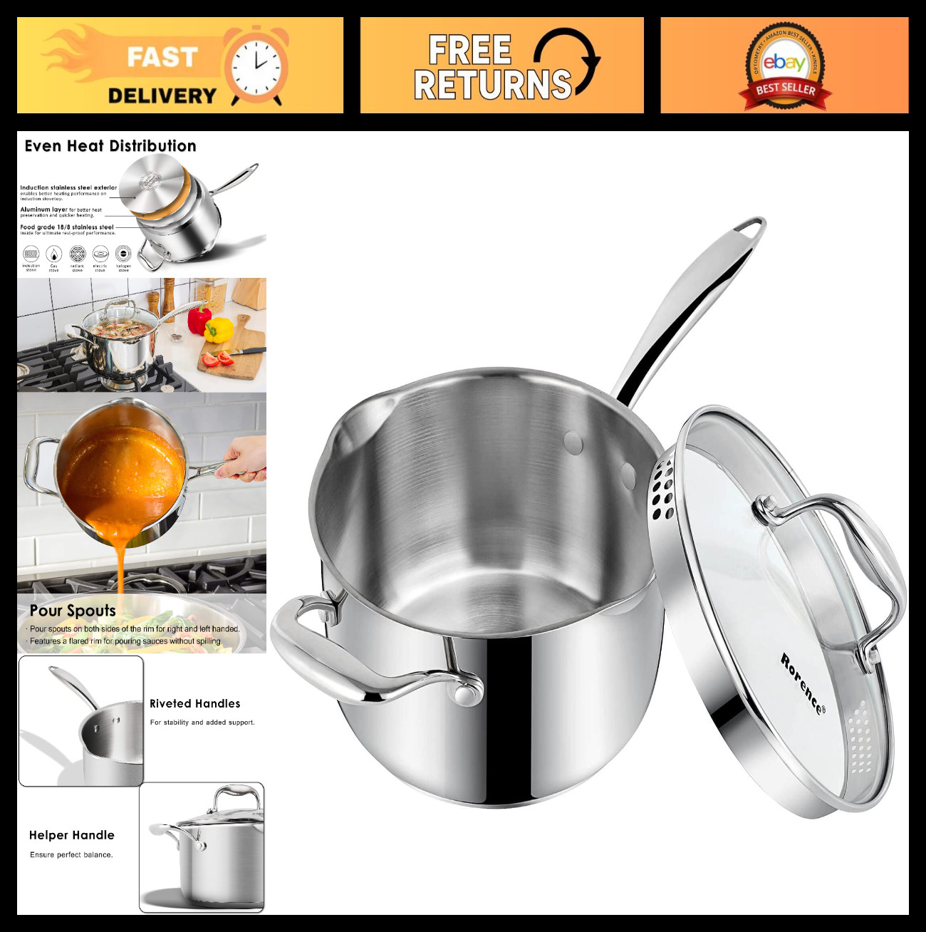 Stainless Steel 3.7Qt Saucepan with Pour Spout, Glass Lid & Strainer – Cooking P
