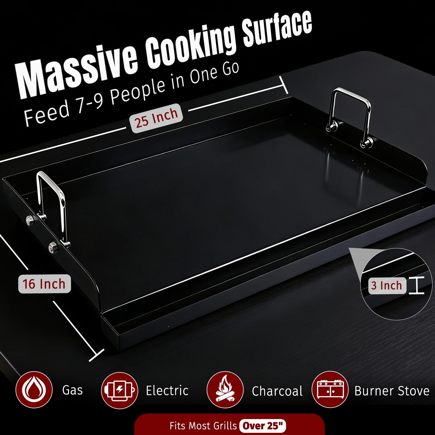 Flat Top Griddle 25″x16″ Carbon Steel Griddle, Nonstick Flat Top for Gas Grill
