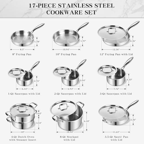 Stainless Steel Cookware Set, 3 Ply 17 Piece Stainless Steel Pot and Pan Set, Ov